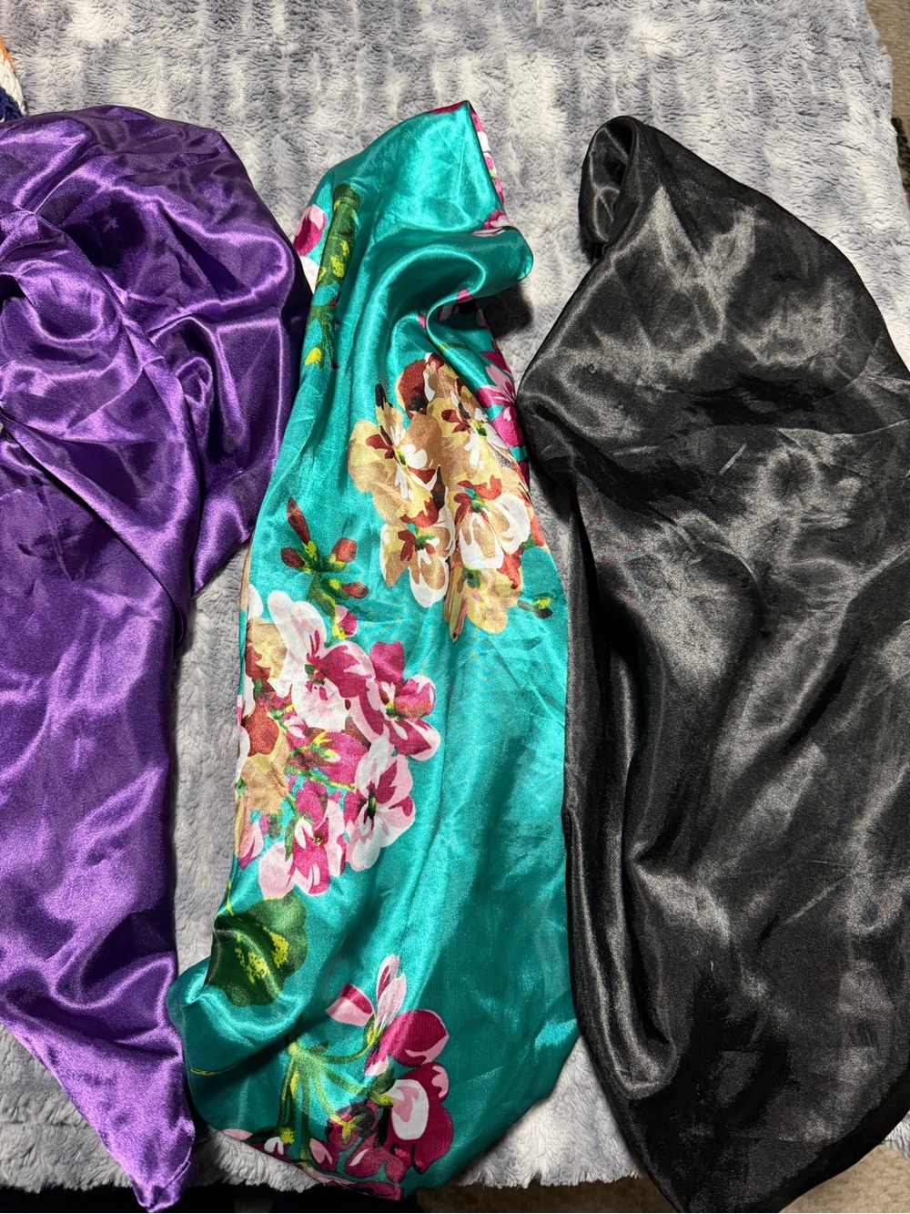 Silky Floral & Solid Satin Sleep Scarf - Teal, Purple & Black Set